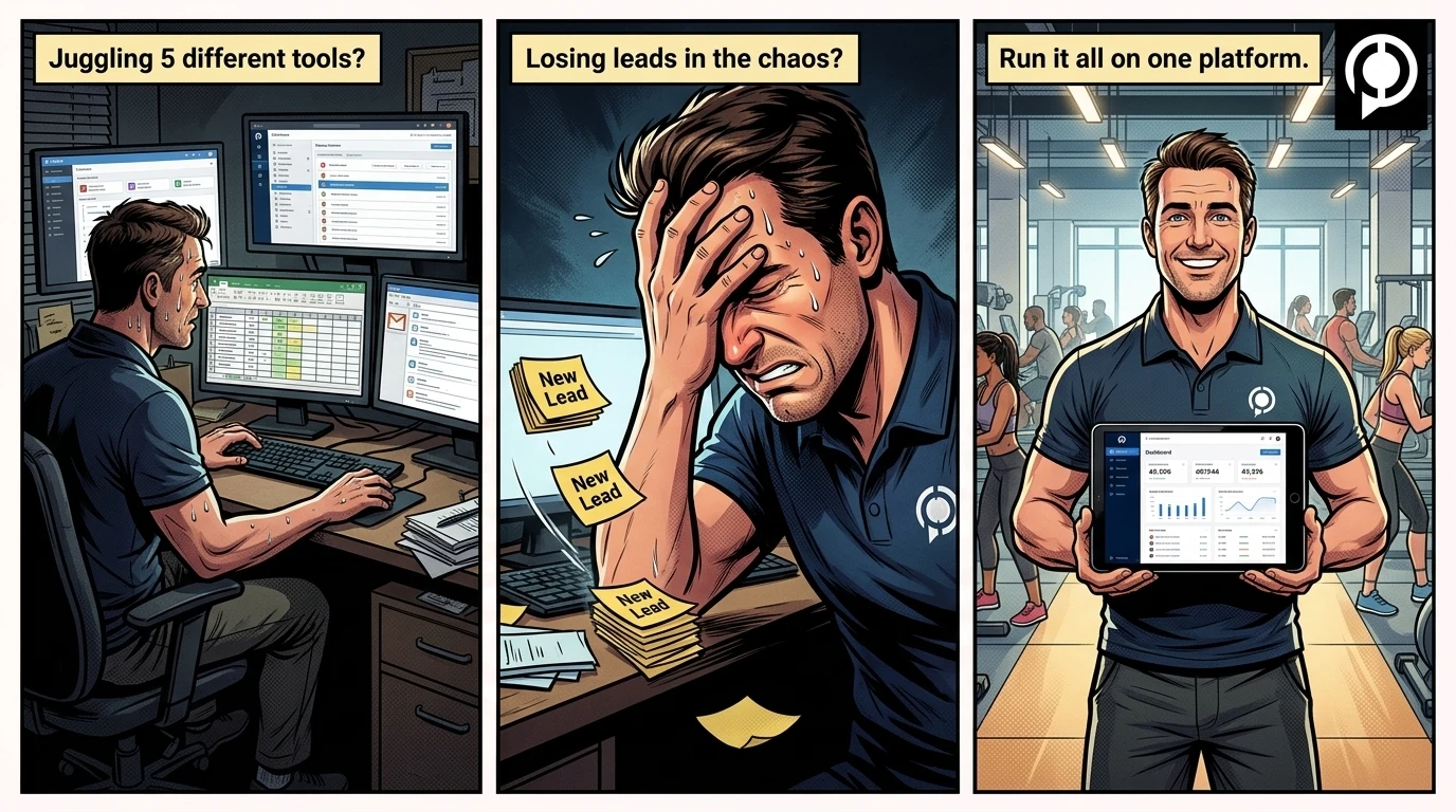 Gym owner overwhelmed by 5 competitor tabs — colleague recommends Fit Pro Tracker — illustrated storyboard