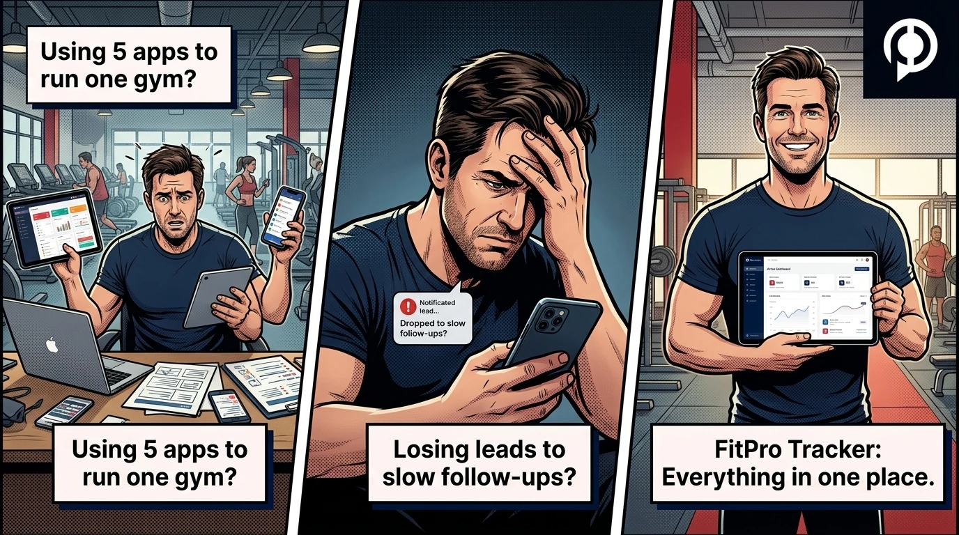 Member goes quiet and nobody notices so they cancel, versus Fit Pro Tracker flagging at-risk member so owner checks in and they stay — illustrated storyboard