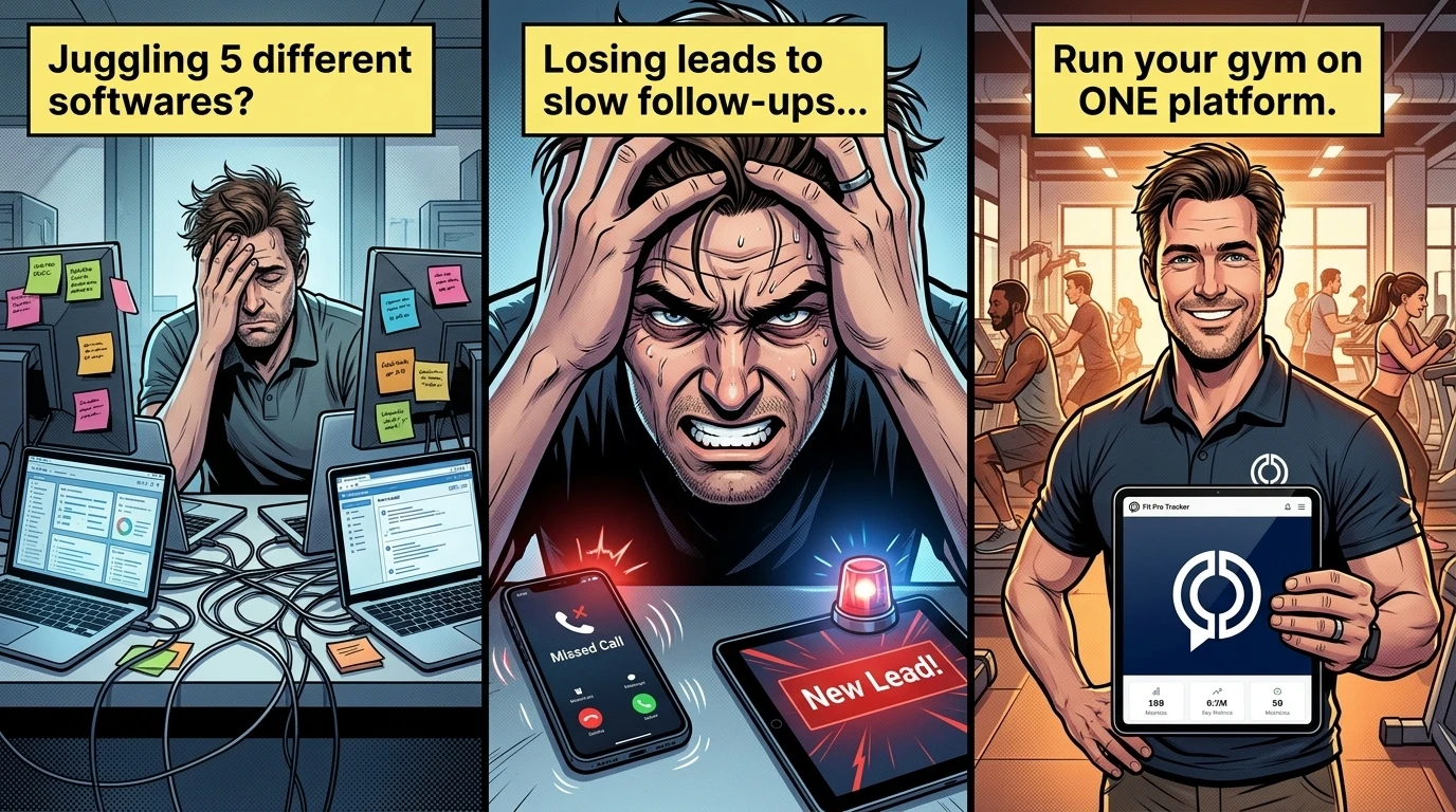 20 failed payments and manual chase — vs Fit Pro Tracker auto-retries and revenue recovered — illustrated storyboard