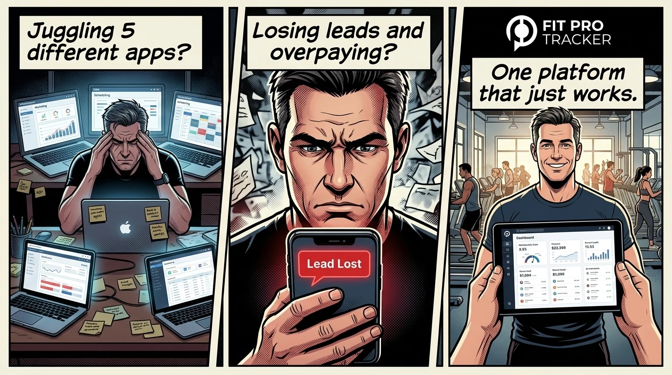 Gym owner juggling 5 apps then discovering Fit Pro Tracker all-in-one — illustrated storyboard