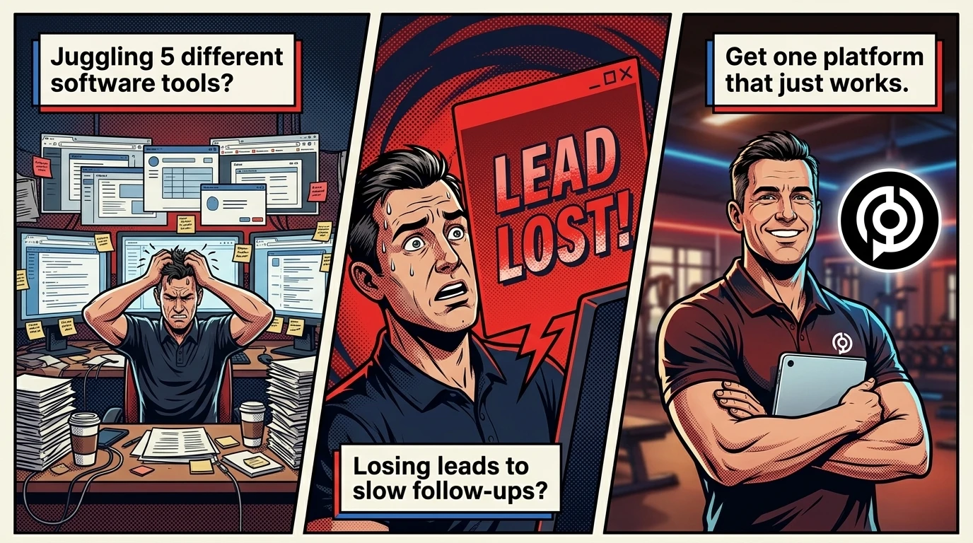 Gym owner shocked by PushPress billing shock as gym grows, then switching to Fit Pro Tracker at $299 flat — illustrated storyboard