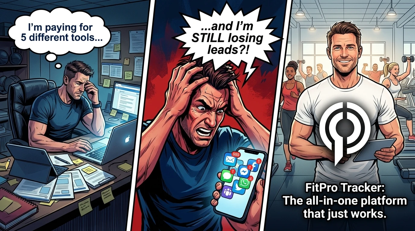 Gym owner submits Wodify support ticket and waits days for a response, versus Fit Pro Tracker same-day resolution — illustrated storyboard
