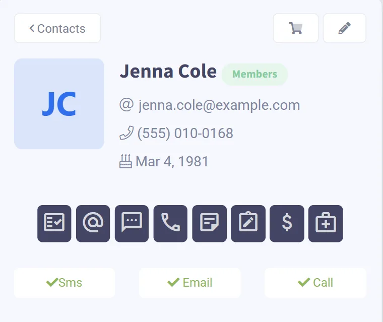 Fit Pro Tracker contact record with text, email and calling tools, using demo contact details