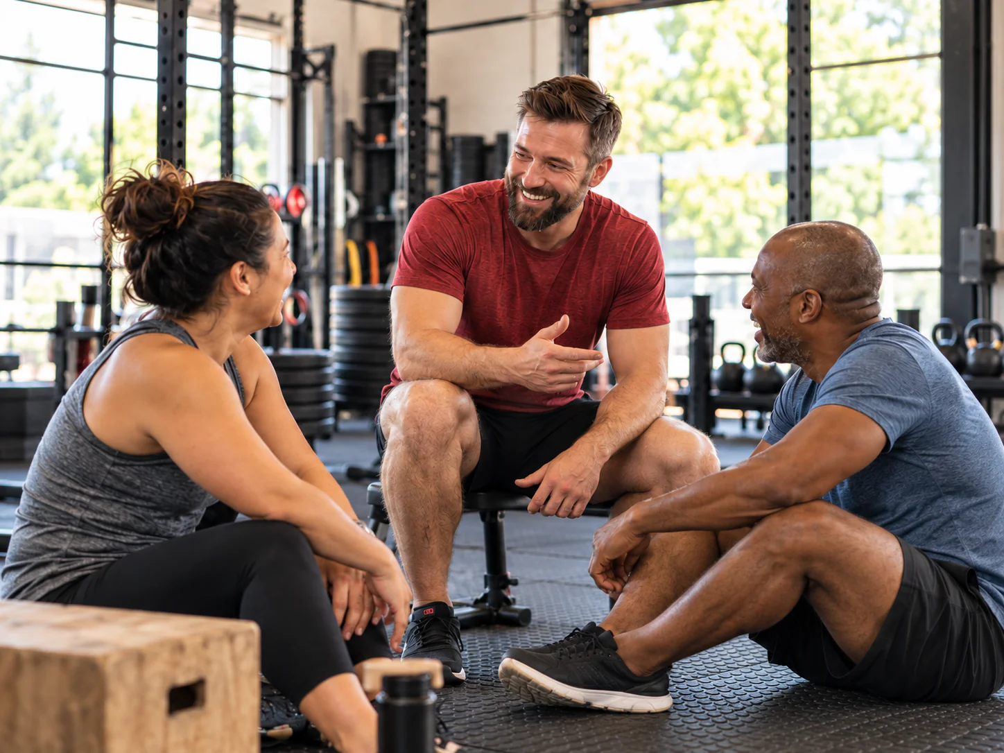 Illustrative photograph of a gym owner talking with two members